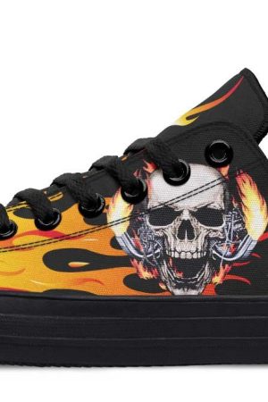 Fire Skull Black Low Top Flame Graphic Sneakers