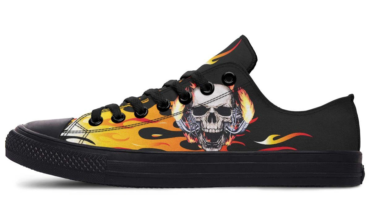 Fire Skull Black Low Top Flame Graphic Sneakers