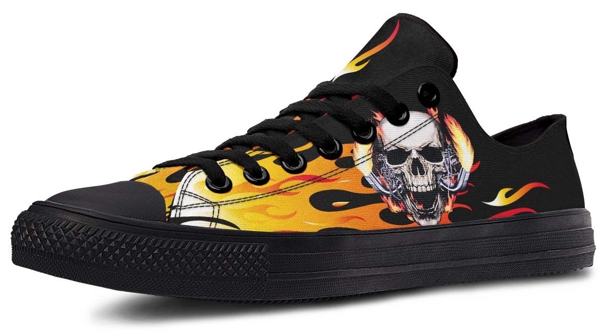 Fire Skull Black Low Top Flame Graphic Sneakers - Image 2