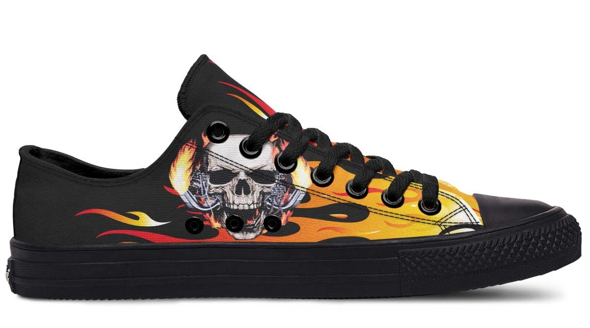 Fire Skull Black Low Top Flame Graphic Sneakers - Image 3