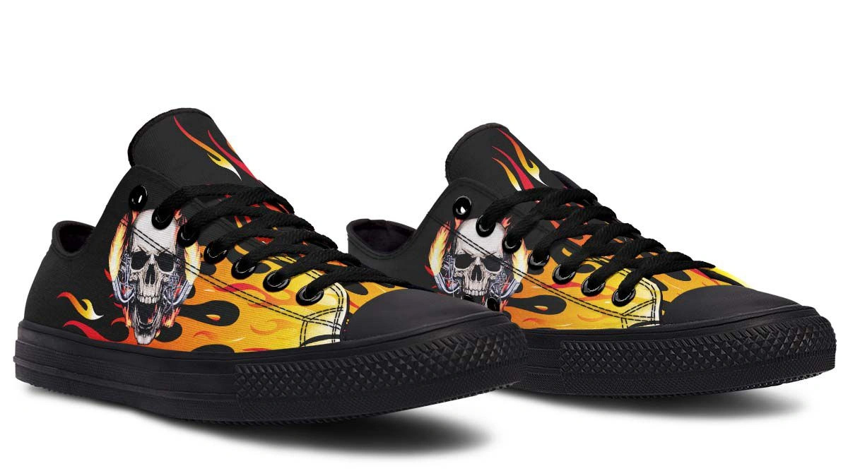 Fire Skull Black Low Top Flame Graphic Sneakers - Image 4