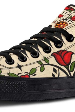 Day of the Dead Rose Sneakers - Black Low Top Floral Shoes