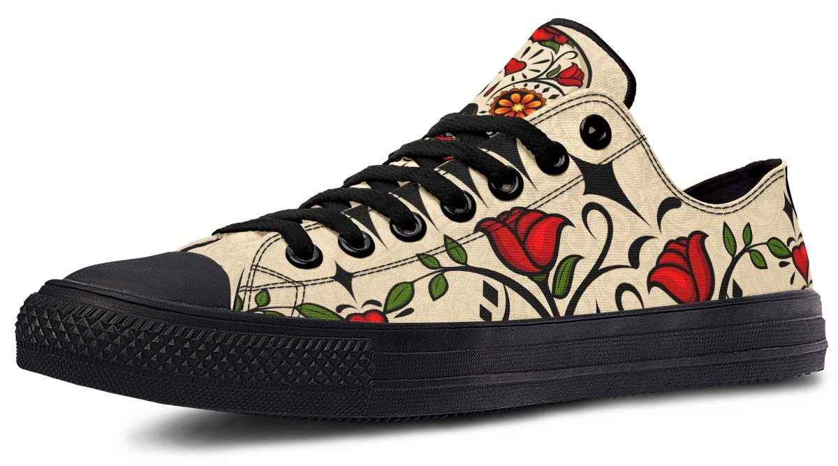 Day of the Dead Rose Sneakers - Black Low Top Floral Shoes