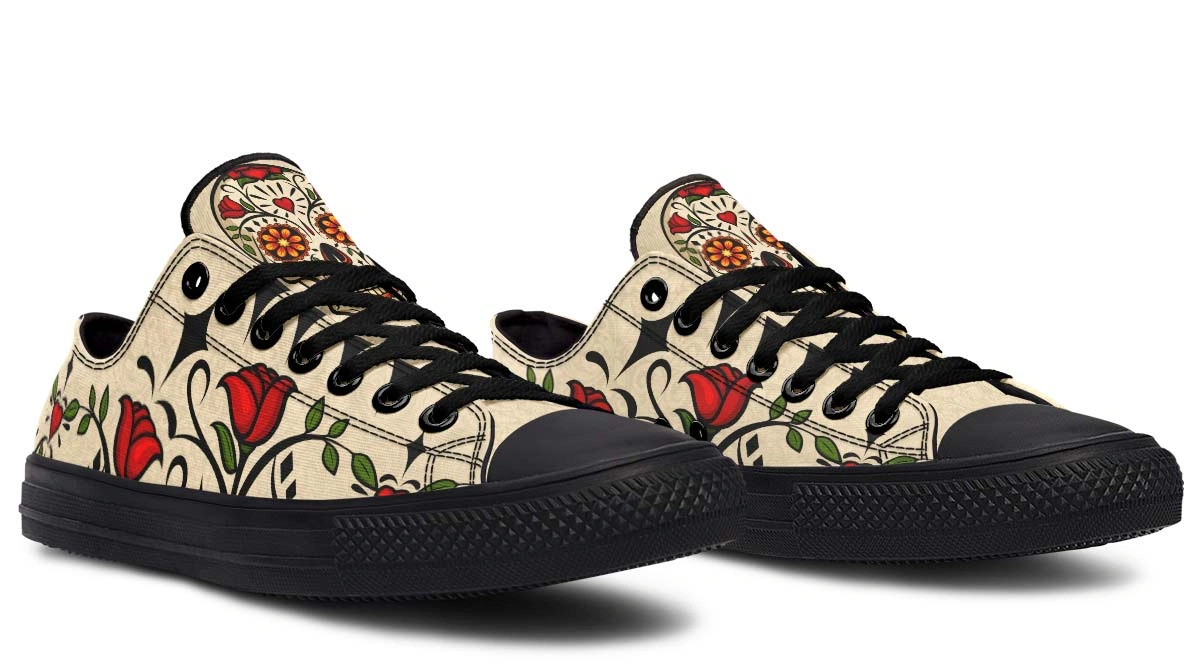 Day of the Dead Rose Sneakers - Black Low Top Floral Shoes - Image 3