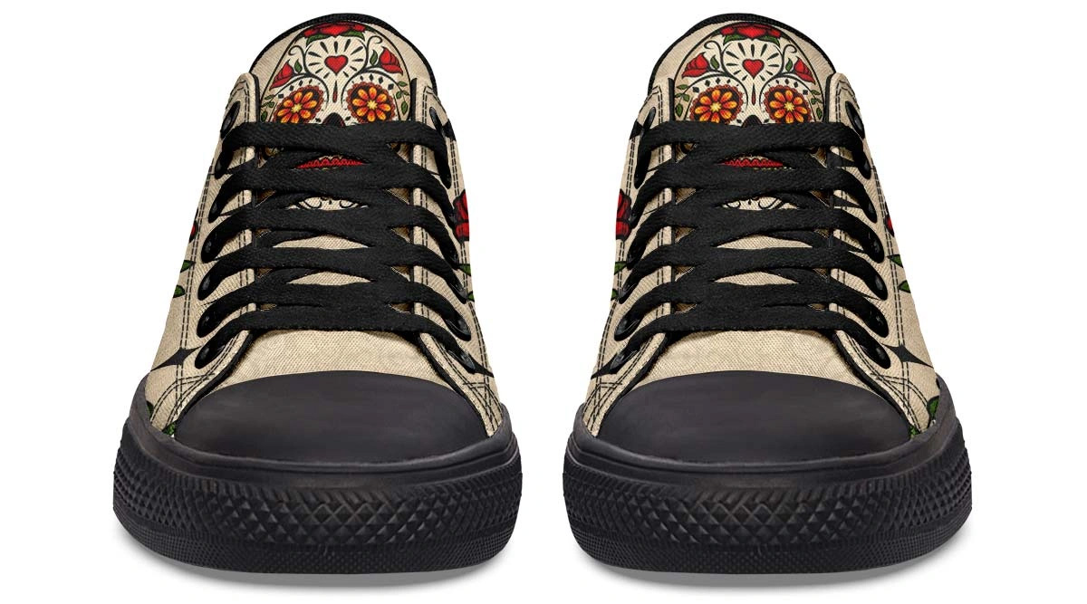 Day of the Dead Rose Sneakers - Black Low Top Floral Shoes - Image 4
