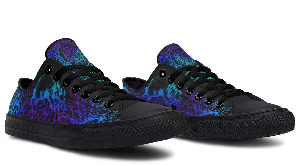 Skull Garden Black Low Top Sneakers - Floral Gothic Style - Image 3