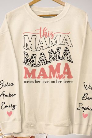 This Mama Wears Her Heart On Her Sleeve - Up To 12 Names - Personalized Sweatshirt