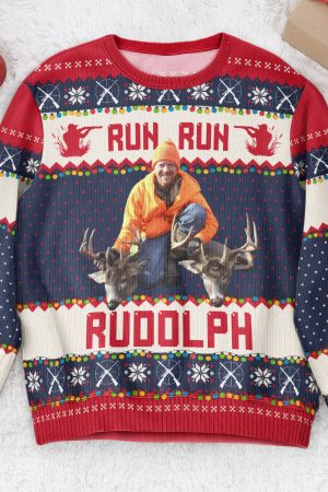 Run Run Rudolph - Hunting Christmas Gifts For Dad, Grandpa, Husband - Personalized Photo Ugly Sweater